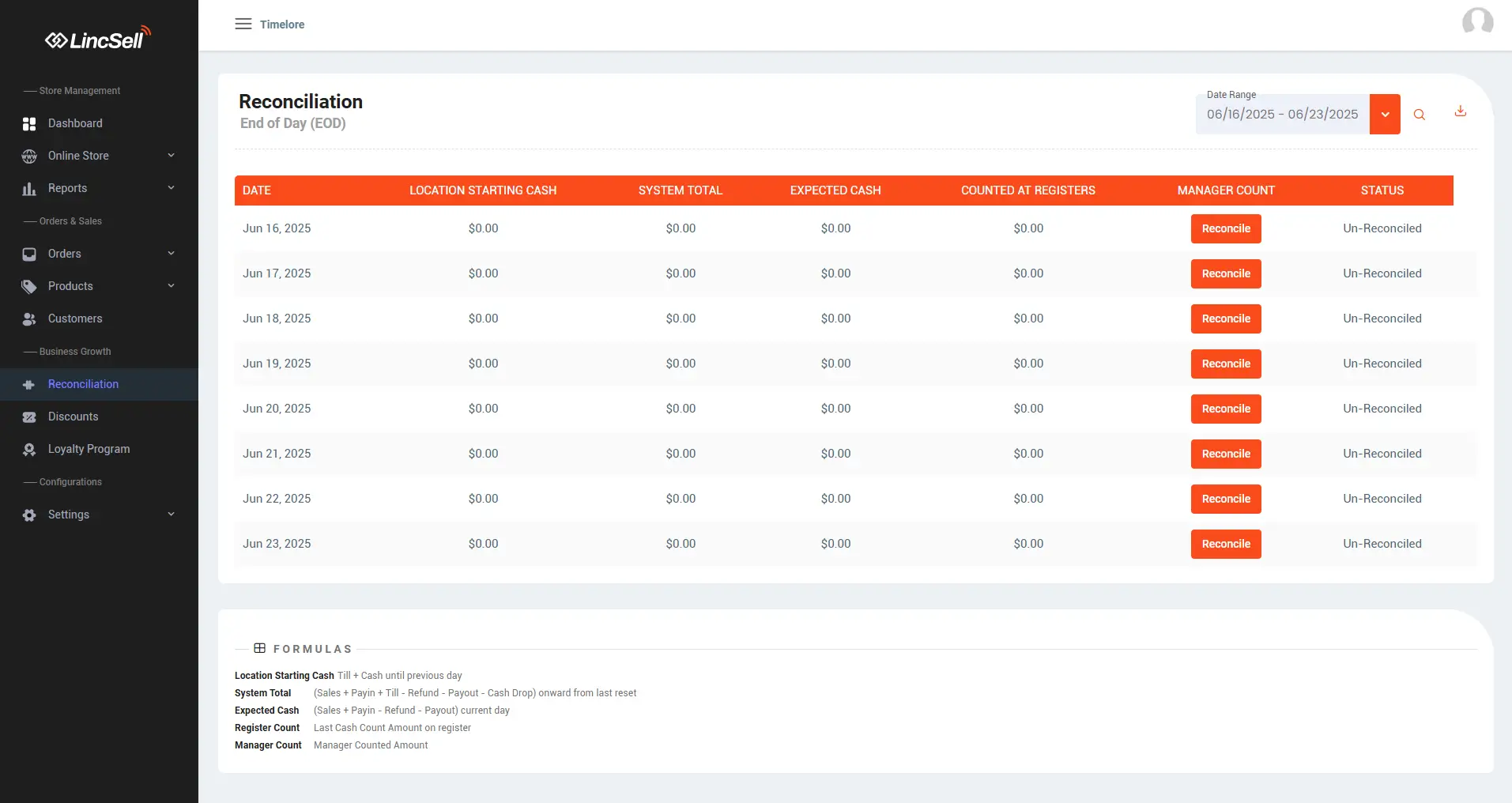 A screenshot of LincSell software interface displaying end-of-day reconciliation data, showing real-time cash counts and expected cash amounts.