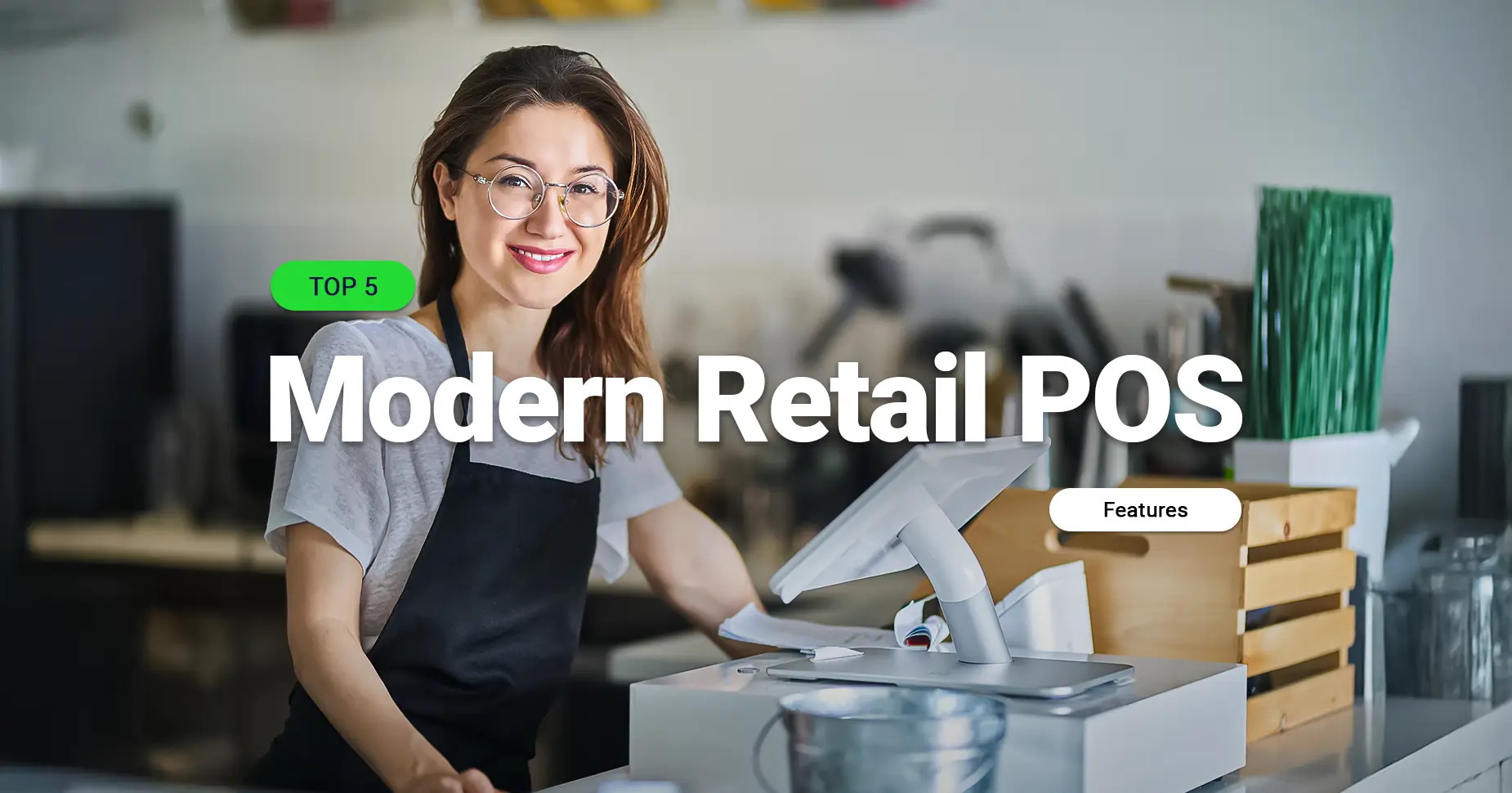 Woman using a modern POS system at a retail store counter.