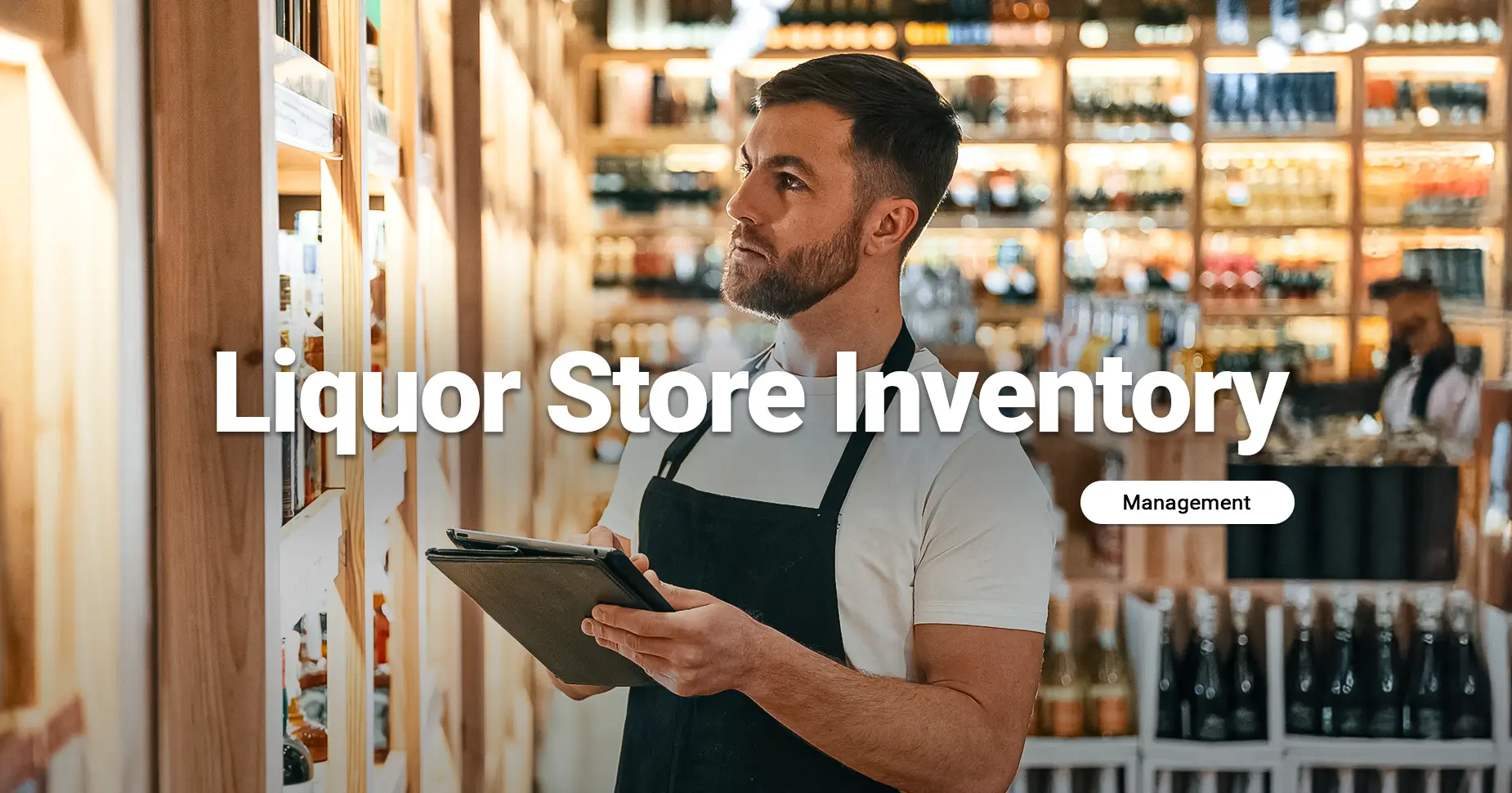 A liquor store employee managing Liquor Store Inventory Management with a tablet, surrounded by shelves of bottles.
