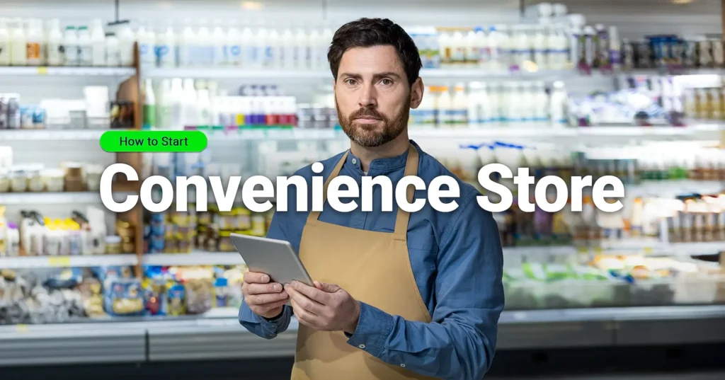 Store owner holding a tablet in a convenience store, planning to start a convenience store.