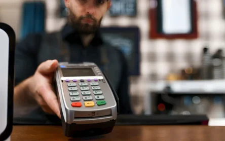 Cashier holding a Contactless Payment terminal at a retail store, ready for a tap-to-pay transaction.