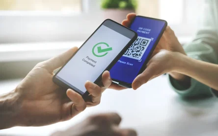 Two smartphones completing a Contactless Payment using a QR code.