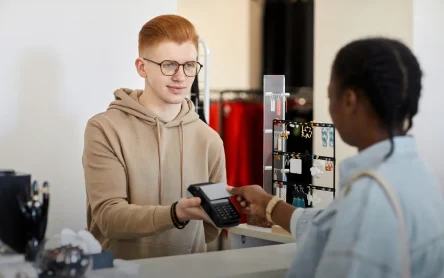 Retail-Payment-Processing Retail associate assisting a customer with in-store retail payment processing.