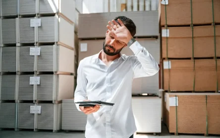 Warehouse manager stressed while reviewing inventory, highlighting inventory management mistakes.