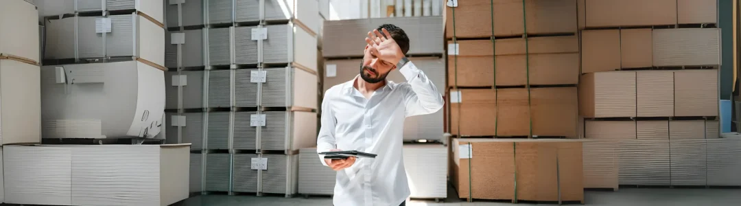 Warehouse manager stressed while reviewing inventory, highlighting inventory management mistakes.