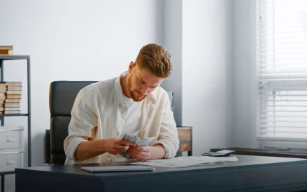What-is-Cash-Reconciliation.webp A man in a business setting counting cash at a desk, illustrating the manual cash reconciliation process.