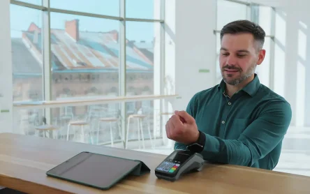 Customer making a Contactless Payment at a terminal using a smartwatch.